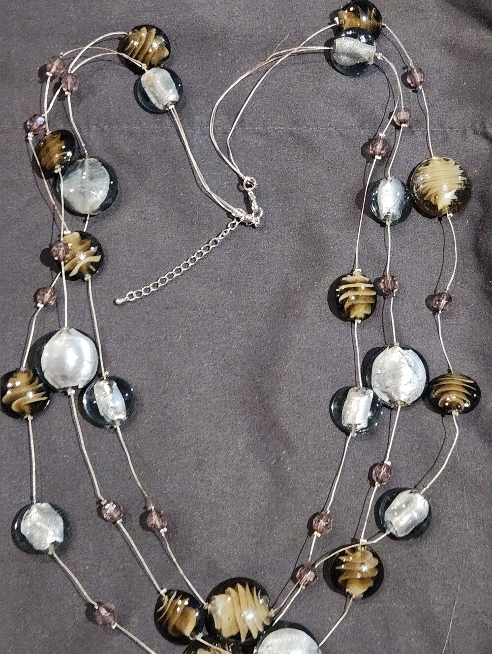 Three Strand Silvertone Wire Art Glass Bead Necklace Black Gold Silver Statement